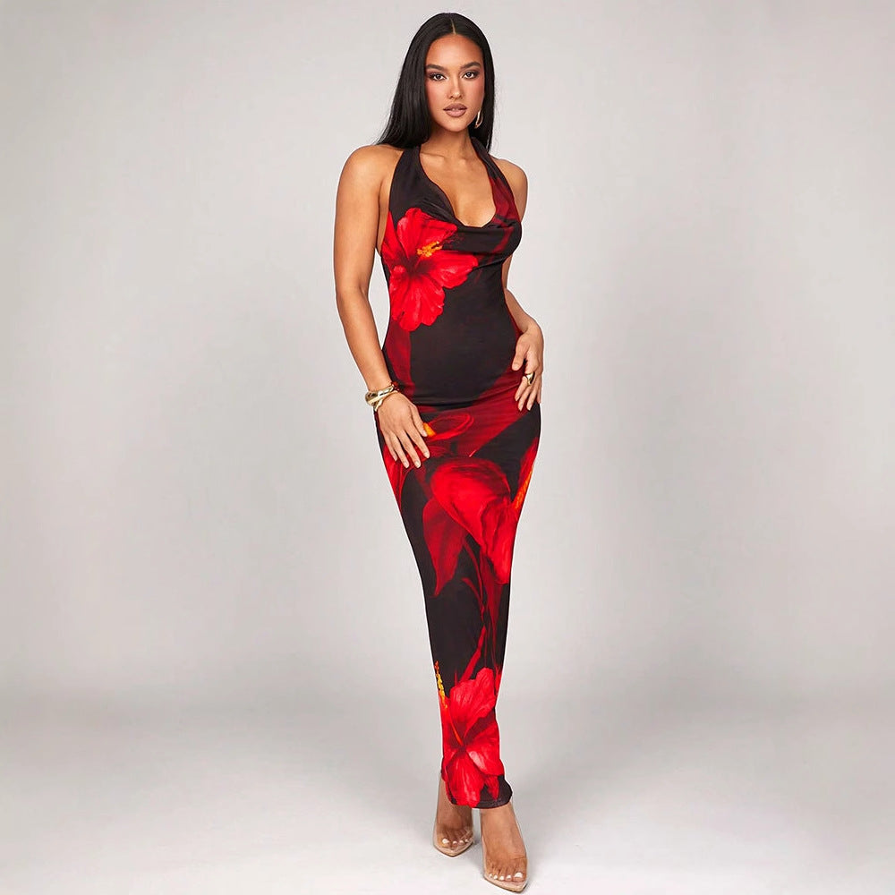 Printed Fashionable Sexy Halterneck Lace-Up Bodycon Dress