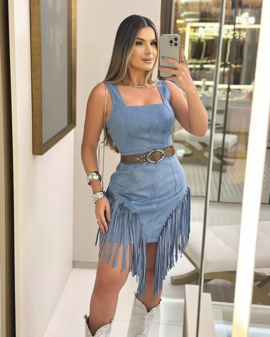 Women's Cotton Square Collar Sling Tassel Dress Without Belt