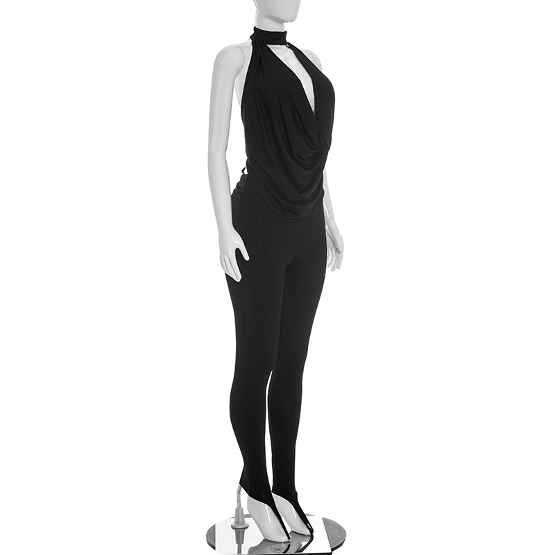 Womens Halterneck Backless Lace-Up Two-Piece Set