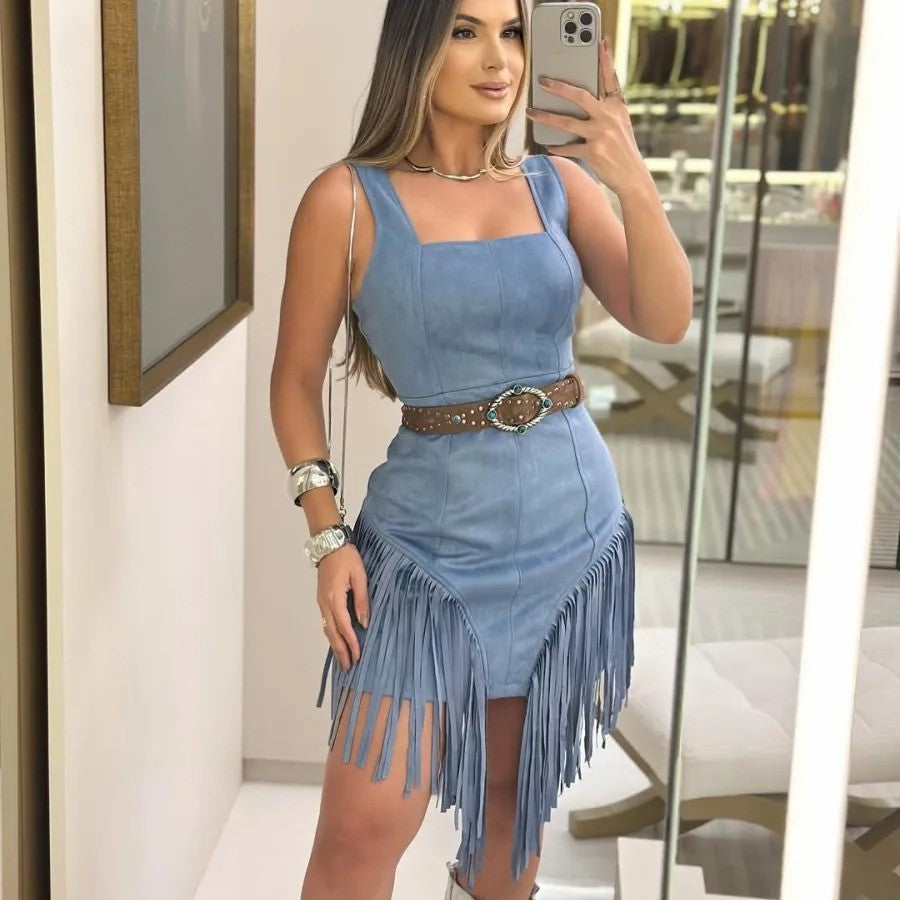 Women's Cotton Square Collar Sling Tassel Dress Without Belt