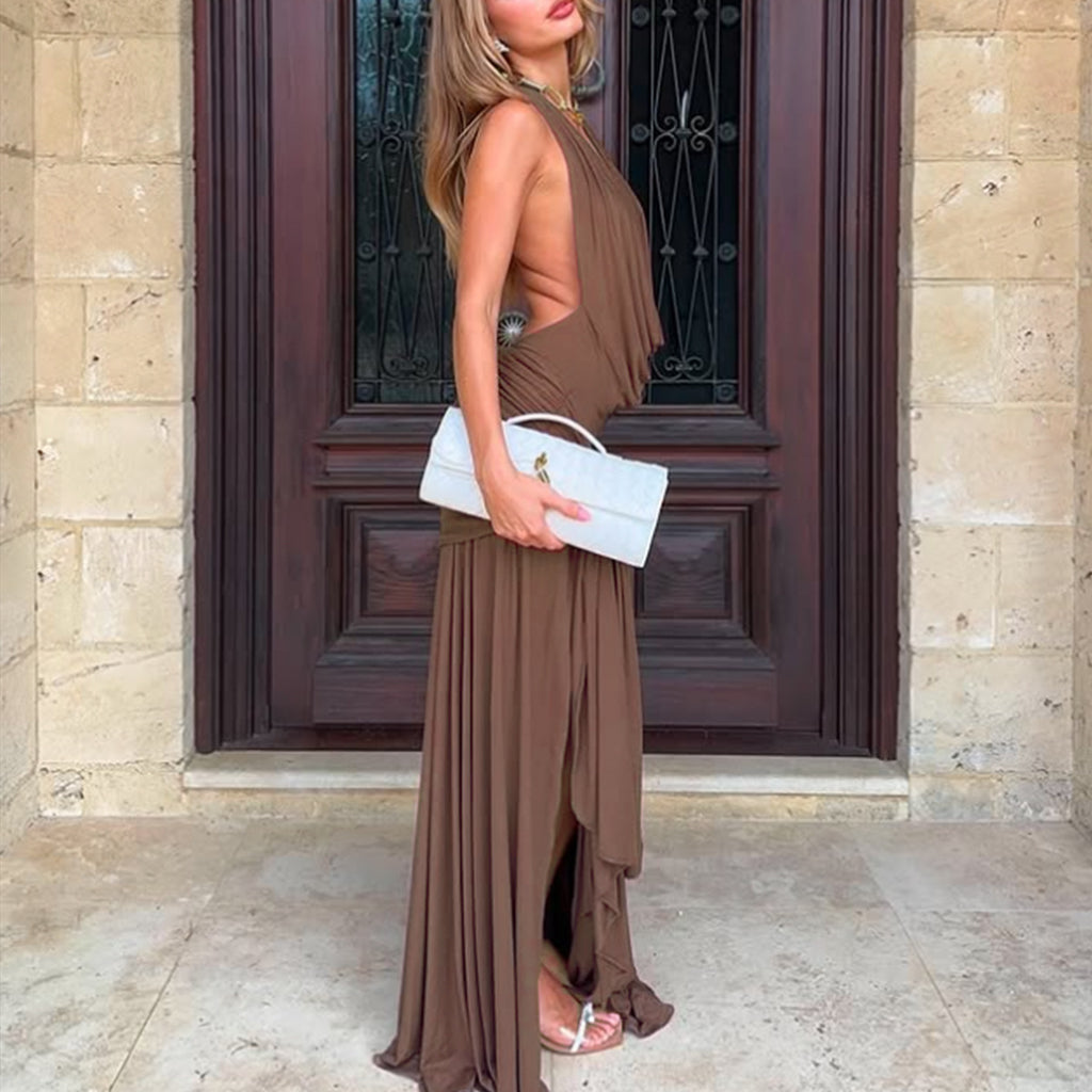 Womens Backless Patchwork Split Dress