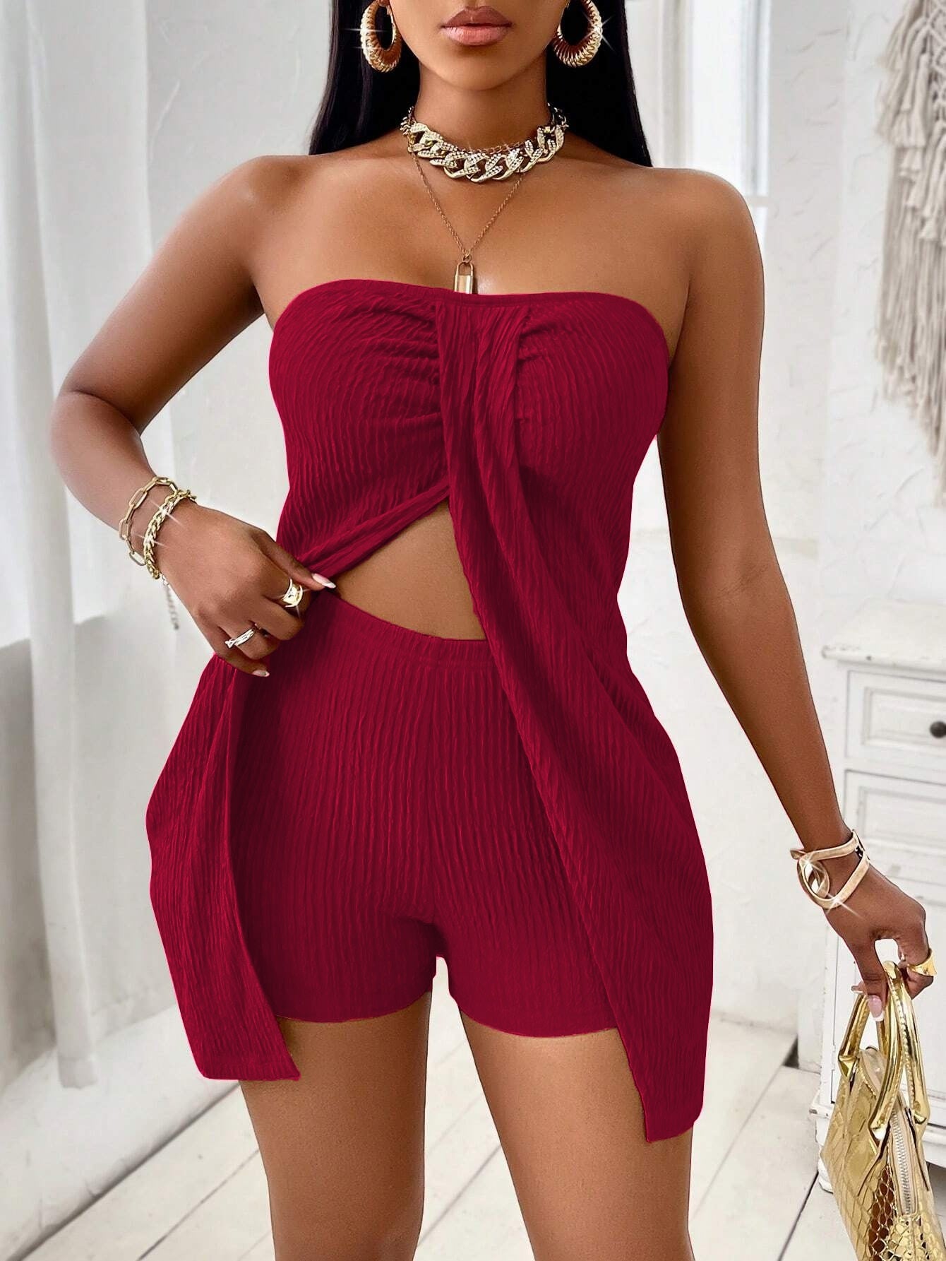 Women's Strapless Bandeau Top Shorts Suit