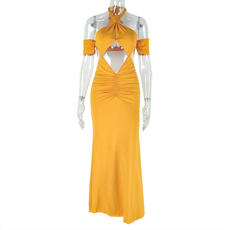 Women's Halter Neck Bodycon Fishtail Solid Color Hollow-out Long Dress