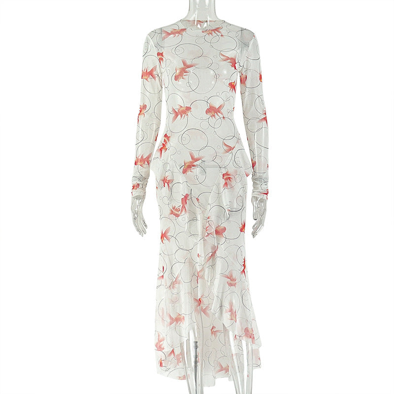 Women's Fresh Print Long Sleeve Pleated High-neck Bodycon Dress