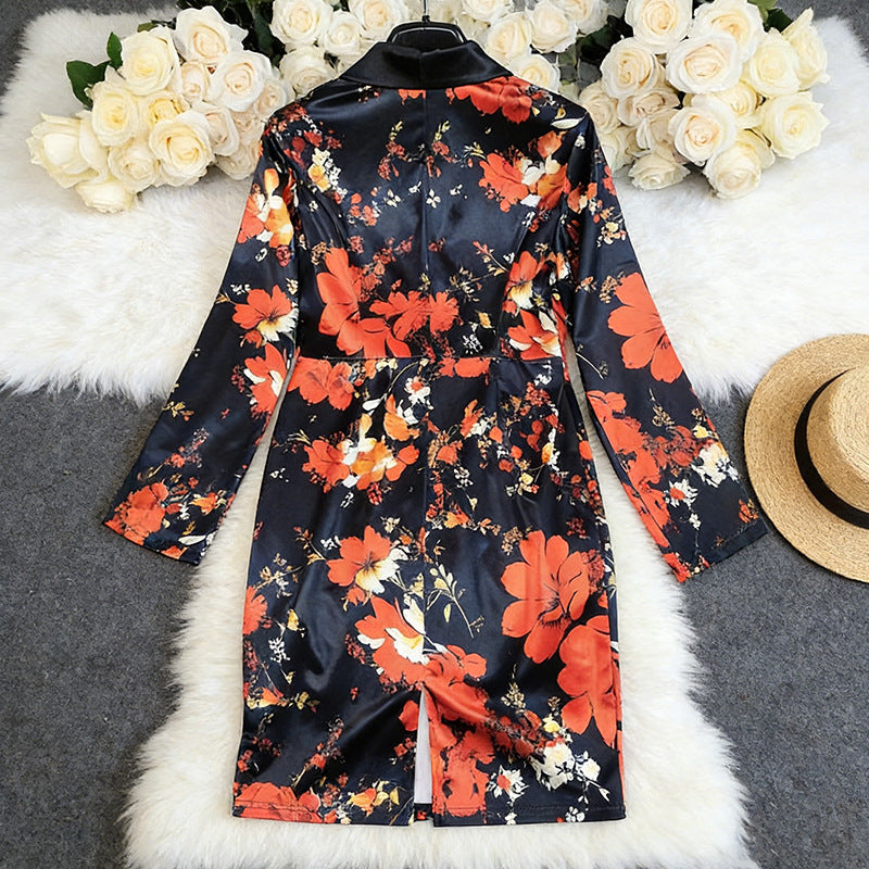 Womens Printed V-Neck Floral Long-Sleeve Mid-Length Bodycon Dress