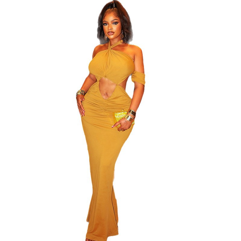 Women's Halter Neck Bodycon Fishtail Solid Color Hollow-out Long Dress