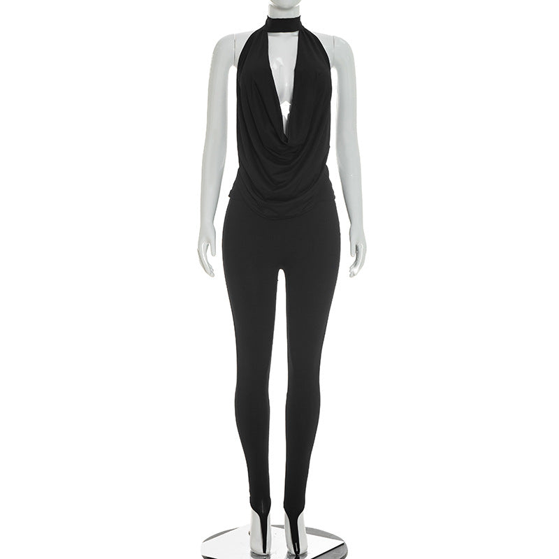 Womens Halterneck Backless Lace-Up Two-Piece Set
